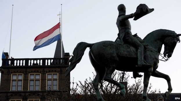 The Dutch flag flies at half mast above the first chamber in The Hague during national commemorations for the victims flight MH17