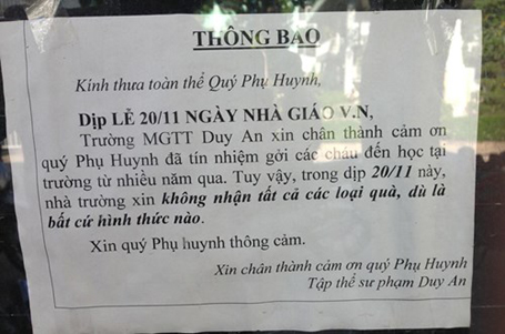 Trường mẫu giáo tư thục Duy Anh (TP.HCM) thông báo không nhận quà dịp 20/11.