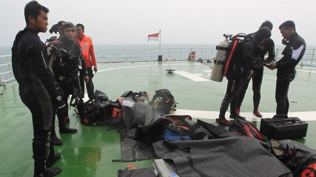 Indonesian divers prepare their equipment aboard the Indonesian National Search and Rescue Agency (BASARNAS) ship KN Purworejo during a search operation for the crashed AirAsia plane in Pangkalan Bun, Central Borneo, Indonesia, on 04 January 2015