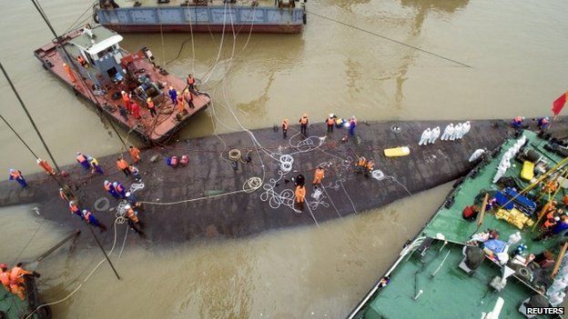 An aerial view shows rescue workers standing on the sunken cruise ship Eastern Star in Jianli, Hubei province, China, June 4, 2015.
