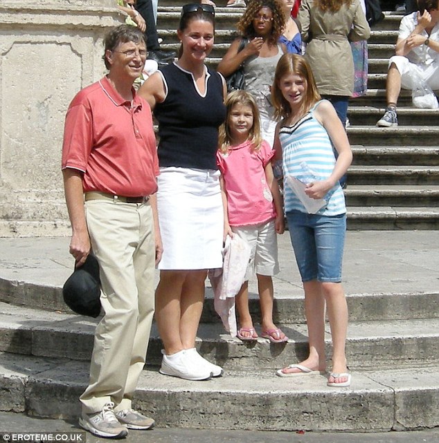 Keeping them in line: Mr Gates and his wife Melinda with their daughters Jennifer and Phoebe during a family holiday in Rome in 2009