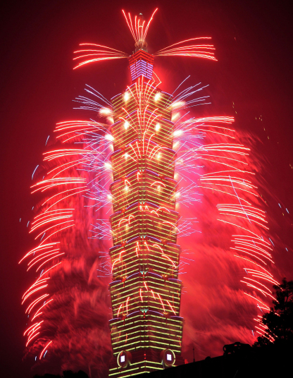 Fireworks set off from the Taipei 101, a skyscraper, to mark the New Years Day in Taiwan