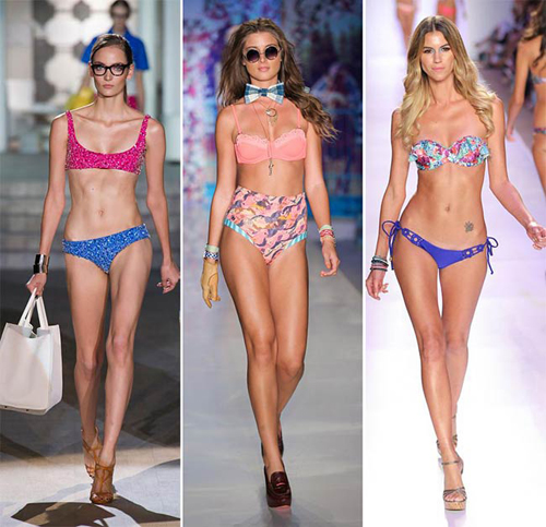 Playing with various colors, textures and patterns is still hot, giving you one more chance to show off your creativity and unique style when it comes to mix and matching pieces. Mismatched bikini sets are not only bright and cool, but they also represent a stunning way of balancing your proportions, emphasizing your assets and hiding small figure flaws. While Luli Fama and Maaji Swimwear showed sets mix and matching monochrome pieces with printed designs, DSquared2 stayed true to the same texture and monochrome pattern, giving preference to color contrasts.