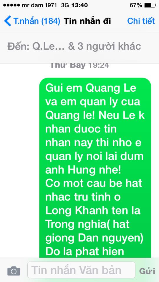 Đoạn tin nhắn Đàm Vĩnh Hưng gửi Quang lê và người quản lý.