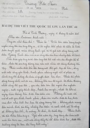 Bài dự thi “Gửi nhà văn Andersen” dài 3 trang đạt giải nhất của em Trương Hải Nam.