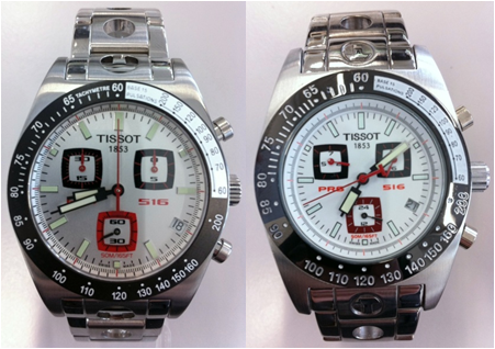 Đồng hồ thật (bên trái) so sánh với đồng hồ giả, nhái (bên phải).