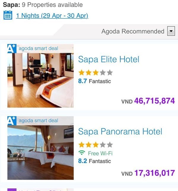 Khách sạn 3 sao tại Sapa trong dịp lễ 30/4 - 1/5 lên đến hơn 46 triệu đồng/đêm  (Ảnh chụp từ màn hình tại trang web Agoda).