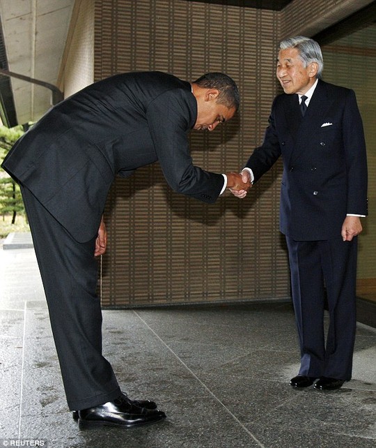 How low can he go: In 2009, President Barack Obama caused embarrassment when he was photographed bending to nearly a 90 degree angle when he greeted the Japanese Emperor at the Imperial Palace