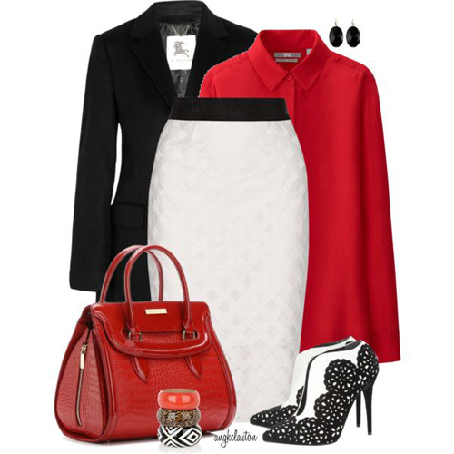 Đối với bạn gái văn phòng, cách bổ sung gam đỏ tươi cho set trang phục trắng đen sẽ giúp họ trở nên nổi bật và ấn tượng hơn.