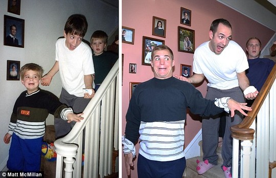Fun at home: The boys bought bigger versions of their own clothes and tried to bring back their hapless youthful expressions