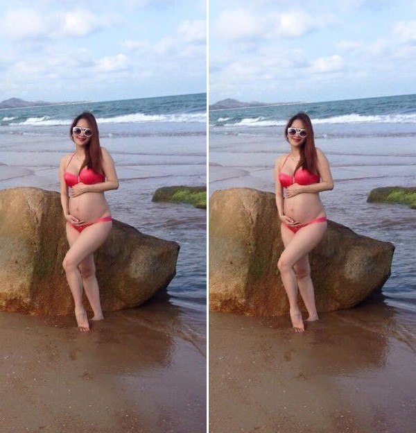 Dù bụng bầu to nhưng Khánh Thi vẫn giữ dáng gọn gàng và xinh tươi tạo dáng với bikini đỏ.