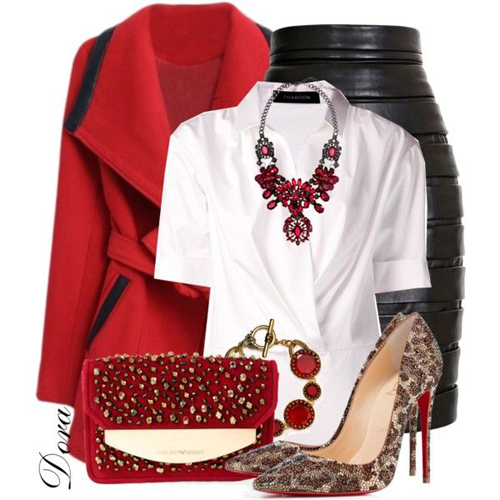 Cách phối màu thời trang mang lại phong cách thanh lịch và hiện đại với chân váy bút chì đen, sơ mi trắng và các phụ kiện tiệp sắc đỏ rực rỡ.
