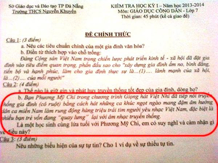 Sau khi nổi danh tại cuộc thi âm nhạc, Phương Mỹ Chi cũng được đề thi nhắc tới.