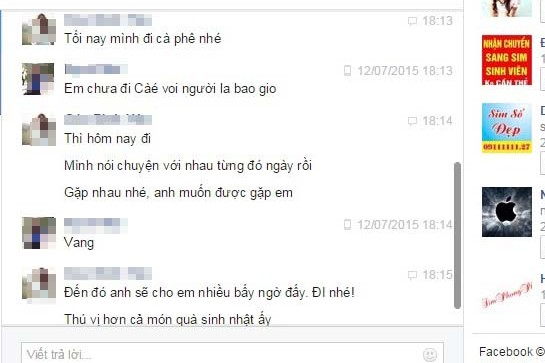 Những lời rủ rê của “công tử” Facebook rủ Minh A đi cà phê sau khi tặng quà sinh nhật (ảnh chụp lại màn hình).