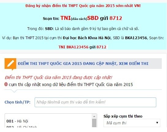 Một trang web đăng tải lời mời gọi thí sinh soạn tin nhắn xem điểm THPT quốc gia đang cập nhật, nhanh nhất.