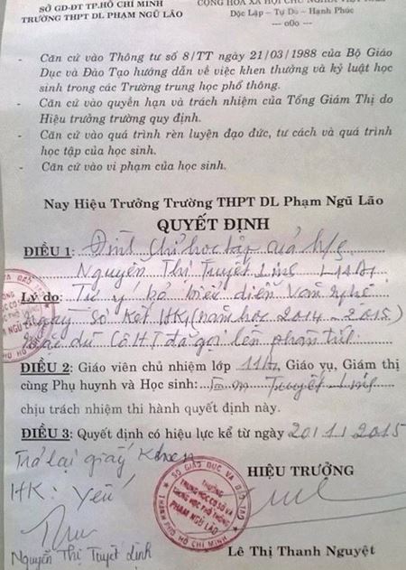 Quyết định đình chỉ của Trường THPT dân lập Phạm Ngũ Lão đối với nữ sinh Nguyễn Thị Tuyết Linh. 	Ảnh: TL