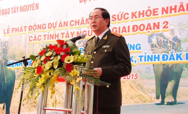 Uỷ viên Bộ Chính trị, Bộ trưởng Bộ Công an, Trưởng ban chỉ đạo Tây Nguyên Trần Đại Quang phát biểu lại Lễ phát động