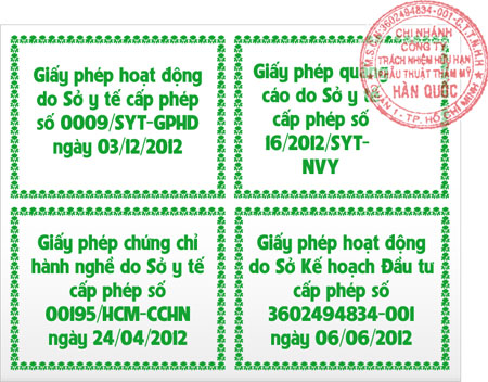 Các giấy phép được cấp cho Trung tâm thẩm mỹ Hàn Quốc JW (141 – 143 Lê Thị Riêng, P. Bến Thành – Quận 1, TP. Hồ Chí Minh)