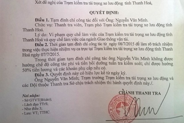 Quyết định tạm đình chỉ công tác đối với ông Nguyễn Văn Minh
