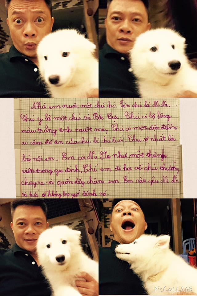 Chú chó Nina và bài văn của cậu cả Duy Heo được bố Quang Minh chia sẻ đầy hài hước trên trang cá nhân.