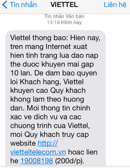 Thông báo của Viettel chiều 8/1 tới khách hàng cảnh báo lừa đảo nạp thẻ điện thoại trên mạng Internet.