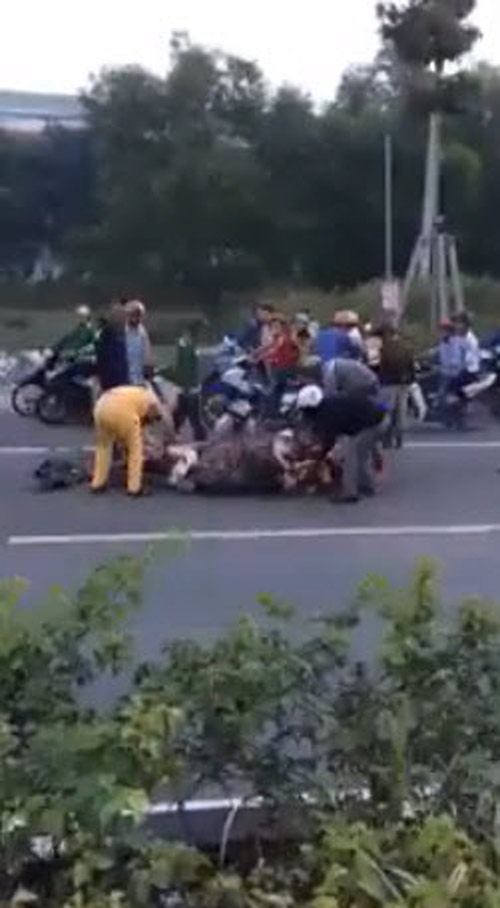 
Hình ảnh người dân vô tư xẻ thịt một con trâu bị tai nạn giao thông chết giữa đường.
