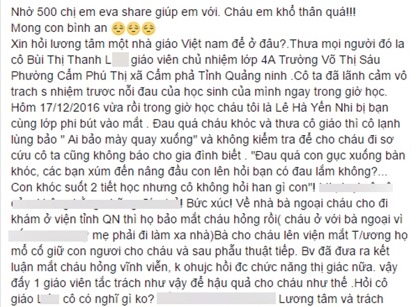 
Câu chuyện về cháu Yến N được chia sẻ trên mạng xã hội
