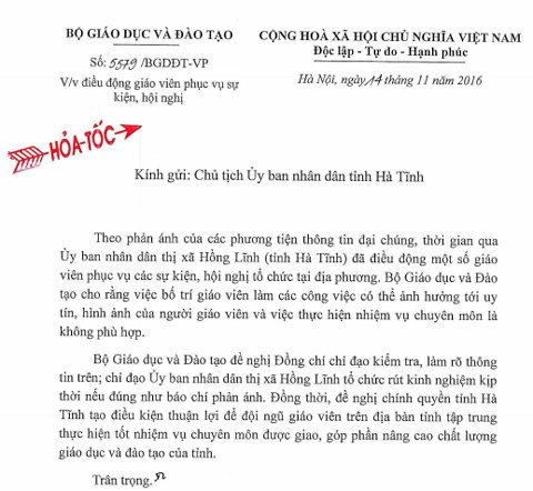
Công văn của Bộ GD&ĐT gửi tỉnh Hà Tĩnh kiểm tra, làm rõ sự việc giáo viên đi hội nghị, sự kiện.
