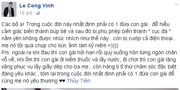 
Công Vinh hãnh diện khoe hạnh phúc khi có con gái.
