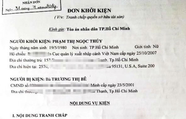 
Lá đơn kiện mẹ ruột của Ngọc Thúy.
