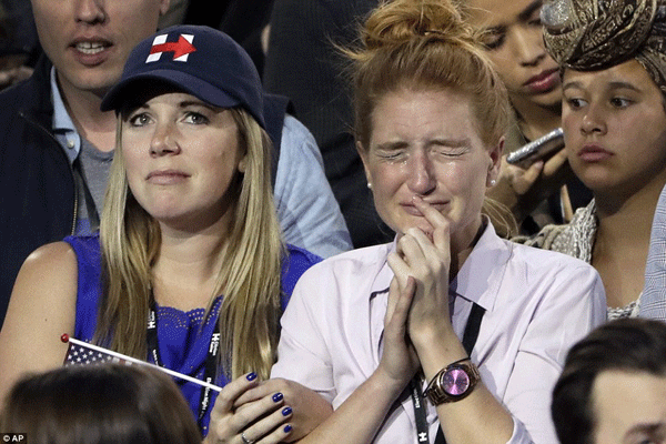 
Trái ngược với niềm vui của phe Donald Trump, những người thuộc phe bà Clinton rất sốc và đau buồn.
