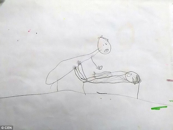 Một bức vẽ ghi lại cảnh bé gái bị linh mục túm chặt hai chân, bé gái nhỏ với nét mặt đau đớn.