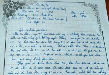 Bức thư gửi người mẹ đã mất của Anh Thư được đăng tải trên mạng xã hội. Ảnh: Báo Nghệ An.