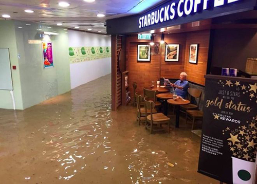 
Cụ ông đọc báo và uống cafe bất chấp cảnh ngập lụt. Ảnh: TV Most
