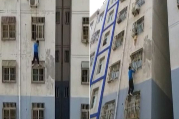 
Liang Lei trèo lên lan can sắt để cứu bé. Ảnh: CCTV
