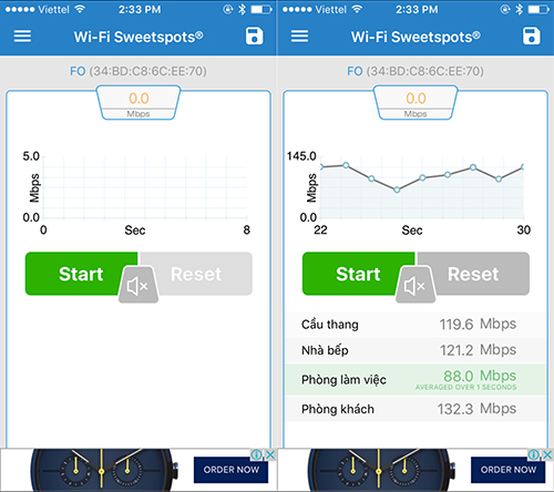 
Giao diện phần mềm Wi-Fi SweetSpots với các thông số khi tiến hành đo đạc.
