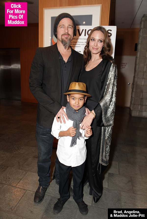 
Brad Pitt và Angelina Jolie hạnh phúc bên con trai cả Maddox. Ảnh: Hollywood Life. 
