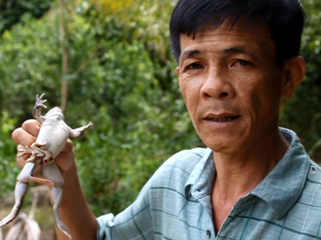 &Ocirc;ng Phan Văn Dũng đang cầm con ếch lạ c&oacute; th&ecirc;m 3 ch&acirc;n mọc dưới bụng