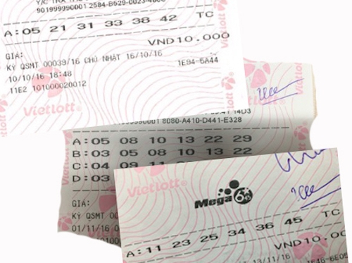 
Hình ảnh một số chiếc vé trúng giải jackpot trong chương trình xổ số Mega 6/45 tại Việt Nam
