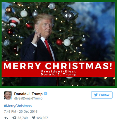 
Lời chúc mừng Giáng sinh của ông Trump trên Twitter. Ảnh: Twitter
