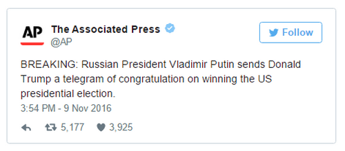 
Ông Putin đã gửi điện tín chúc mừng sau khi Trump đắc cử Tổng thống thay vì email hay các phương thức liên lạc hiện đại.
