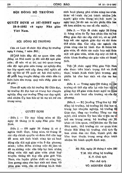 Quyết định số 167/HĐBT, ngày 26/9/1982 quyết định lấy ngày 20/11 hàng năm là Ngày Nhà giáo Việt Nam