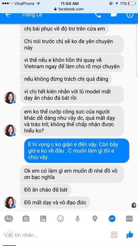 
Đoạn tin nhắn chất chứa đầy giận dữ của bà Trang Lê với cô người mẫu.
