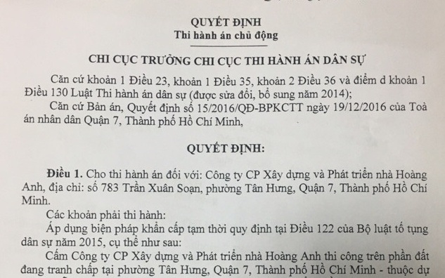 Quyết định của Thi hành án dân sự Quận 7