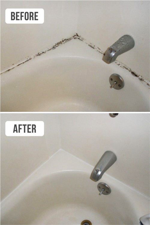 Các góc của bồn tắm thường bị cáu bẩn và mọc rêu. Hãy lấy một ít bông gòn tẩm thuốc tẩy và chấm nhẹ vào đường góc cạnh. Để qua đêm và sáng hôm sau dùng bàn chải cọ lại một lần nữa là sạch.