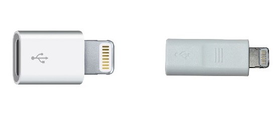 
Adapter Micro USB sang Lightning dỏm (phải) in chữ chìm và thiết kế thô hơn.
