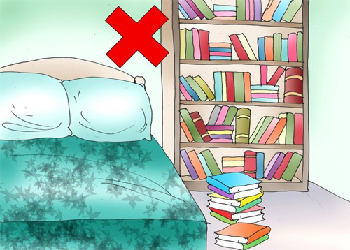 Tủ sách đầu giường: Nếu việc đọc sách giúp bạn ngủ ngon, bạn có thể để một vài cuốn trong phòng. Một tủ sách quá lớn sẽ chiếm nhiều diện tích, tích trữ bụi bặm ở nơi bạn dành đến 8 tiếng mỗi ngày.