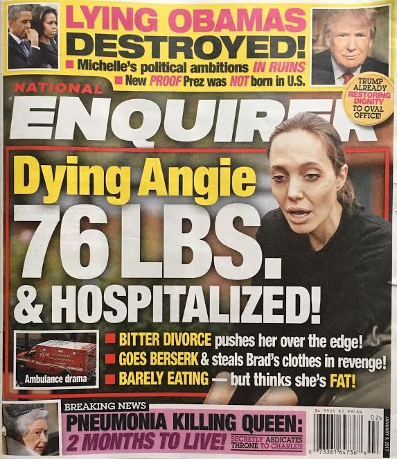 Gần đây nhất, National Enquirer đưa tin Angelina chỉ có 76 lbs (34 kg)