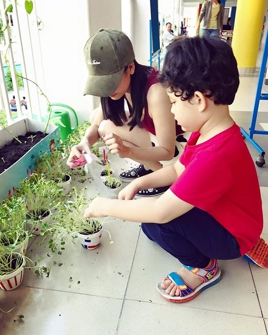 
Trương Quỳnh Anh khoe ảnh con trai Sushi cùng mẹ chăm sóc rau, làm vườn.
