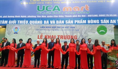 
Các đại biểu cắt băng khai trương Chuỗi siêu thị nông sản, thực phẩm an toàn UCA Mart.
